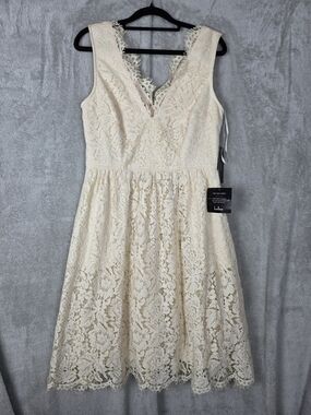 Lulu's Cream Lace V-Neck Fit & Flare Midi Dress